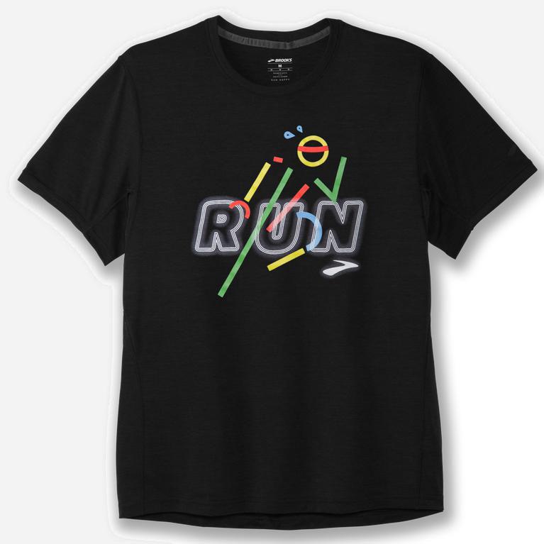 Brooks Distance Graphic Israel - Men's Short Sleeve Running Shirt - Black/Run Victory (61829-RPDK)